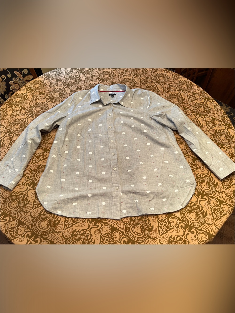 Talbots Light Gray Button-Down Shirt with White Polar Bears and Red Accents